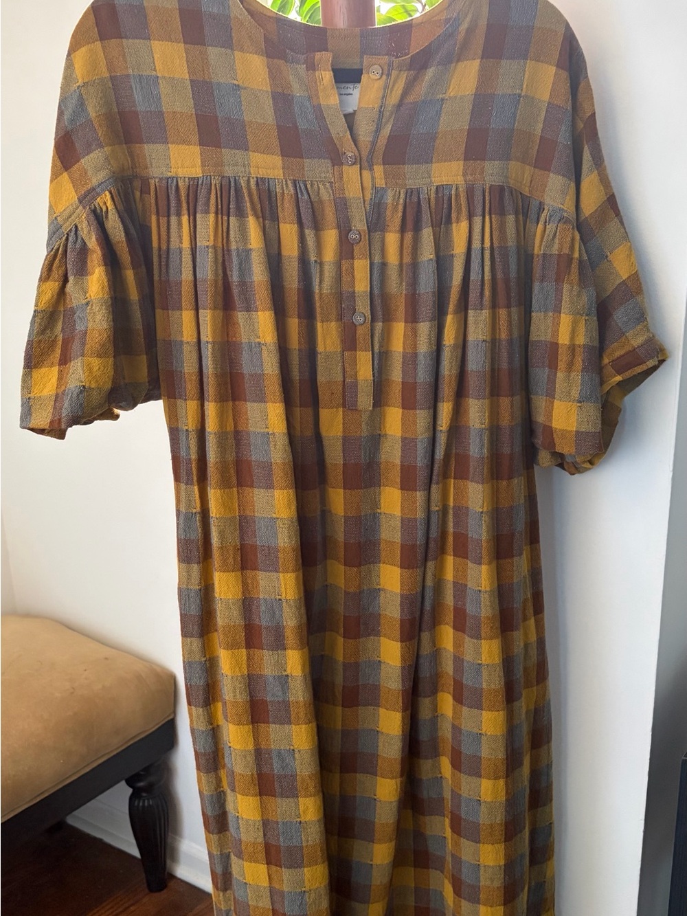 Amente Plaid Shirring Sleeve Midi Dress in Mustard and Brown